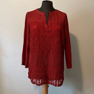 Valerie Stevens Women's Red Long Sleeve High Low Hem Split Neck Lace Top